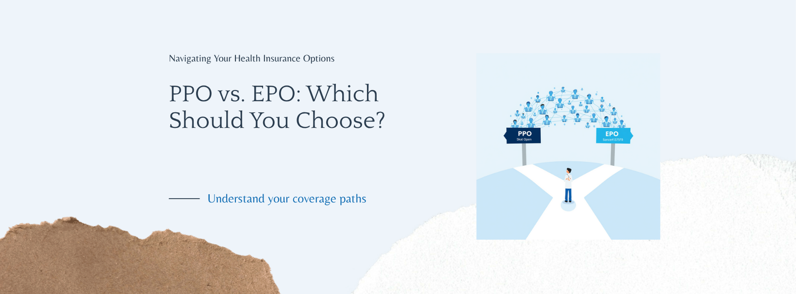 Illustration of a person choosing between PPO and EPO health insurance paths